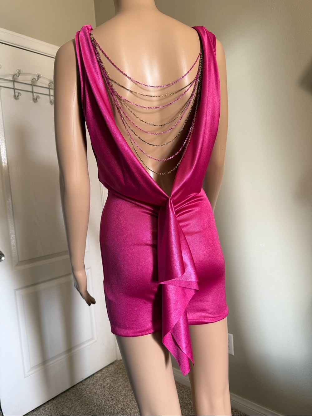 Symphony Hot Pink Backless Mini Dress with Chain Draping